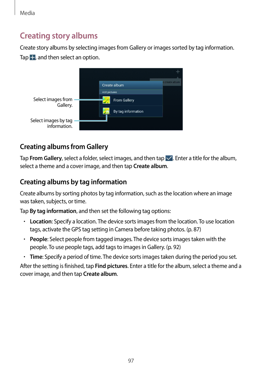 Samsung EK-GC200ZKAXAR user manual Creating story albums, Creating albums from Gallery, Creating albums by tag information 