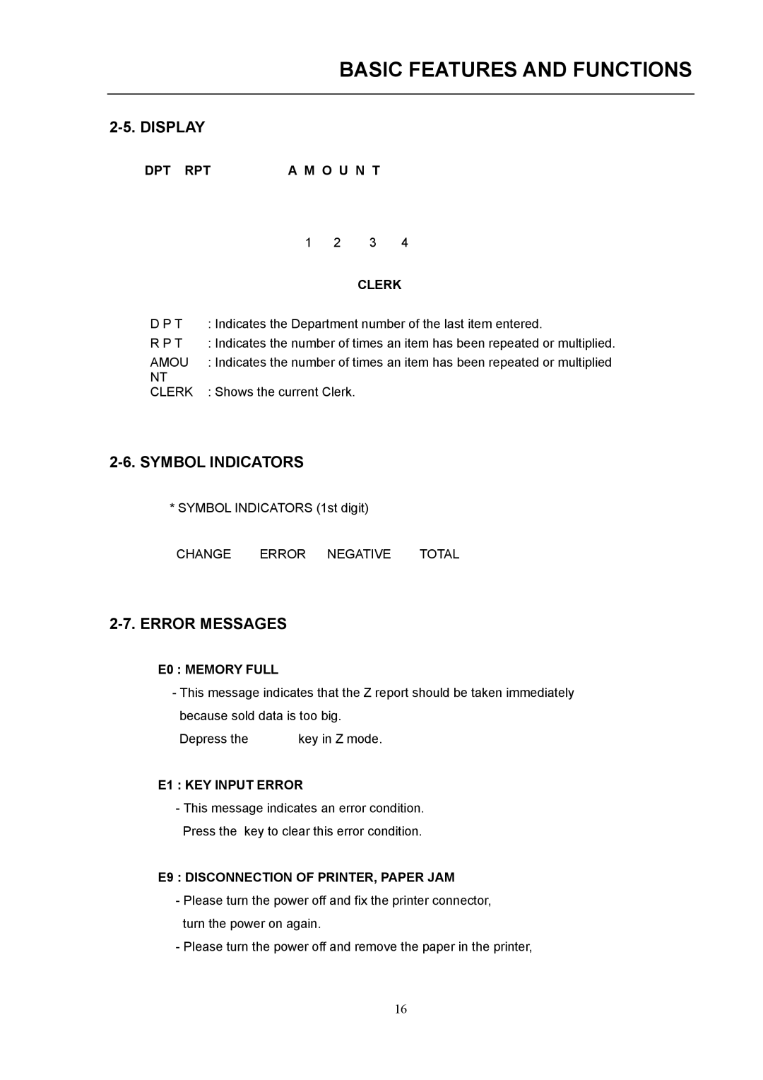 Samsung electronic cash register manual Display, Symbol Indicators, Error Messages 