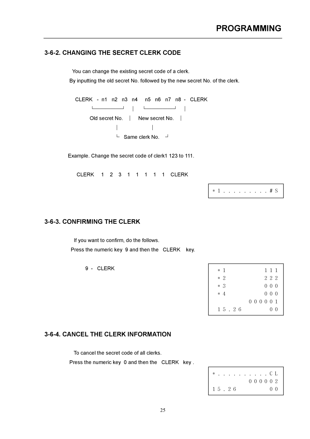 Samsung electronic cash register manual Changing the Secret Clerk Code, Confirming the Clerk, Cancel the Clerk Information 