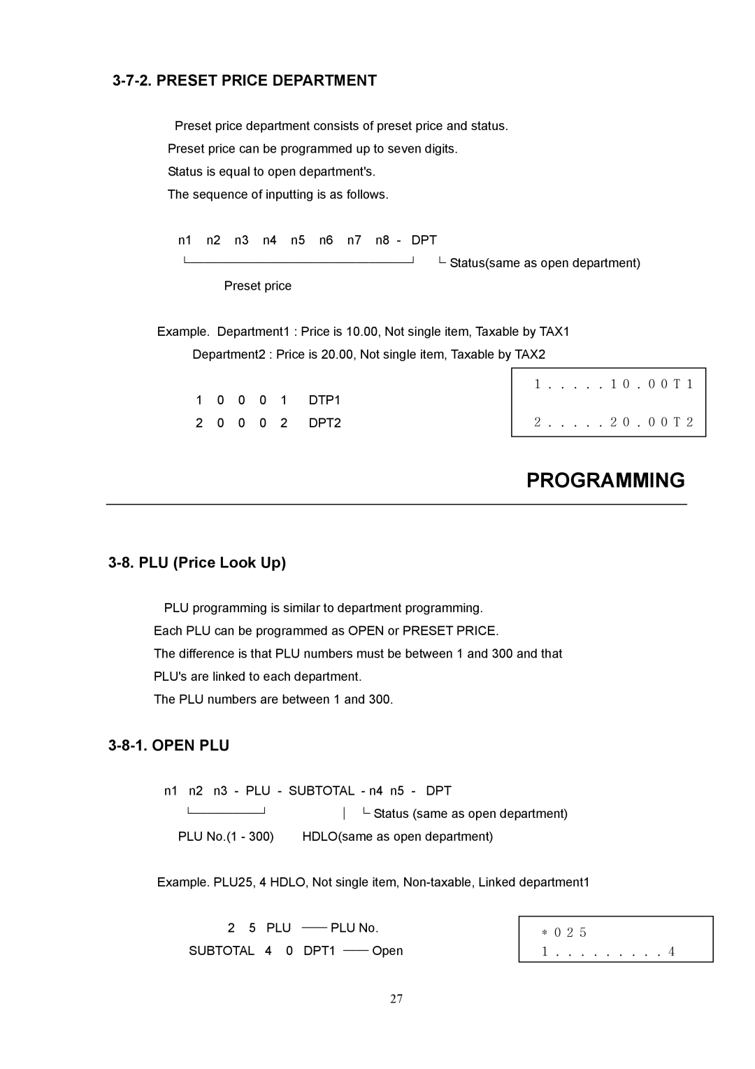 Samsung electronic cash register manual Preset Price Department, PLU Price Look Up 