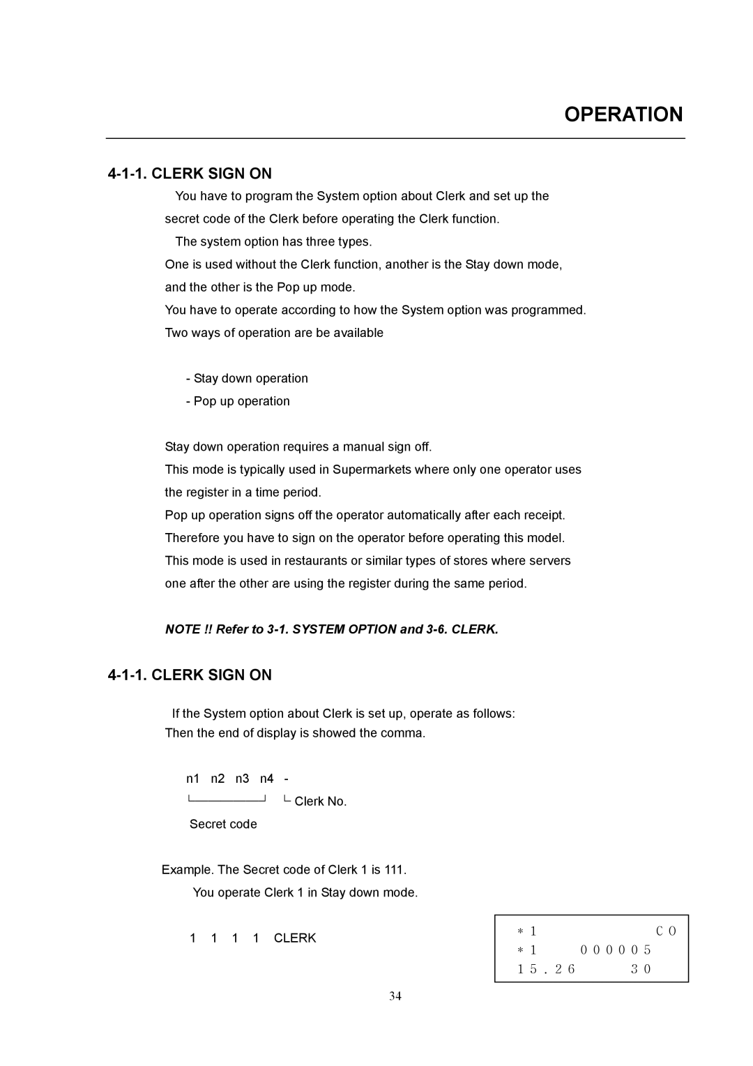 Samsung electronic cash register manual Operation, Clerk Sign on 