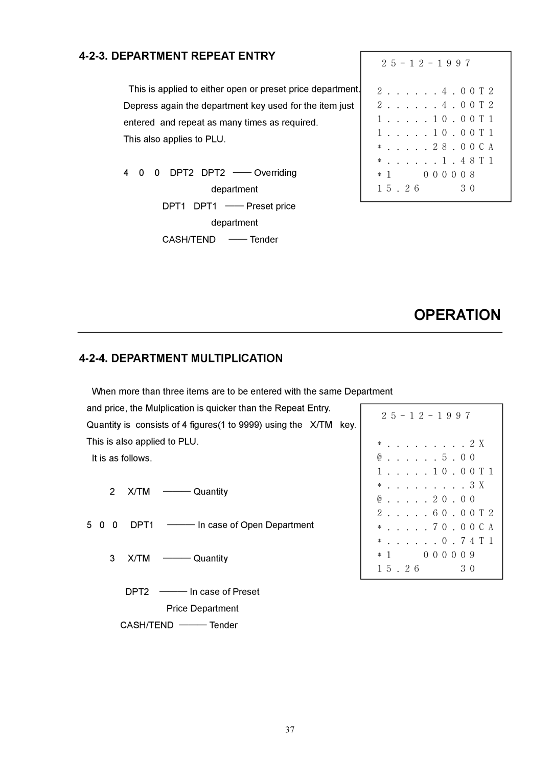 Samsung electronic cash register manual Department Repeat Entry, Department Multiplication 