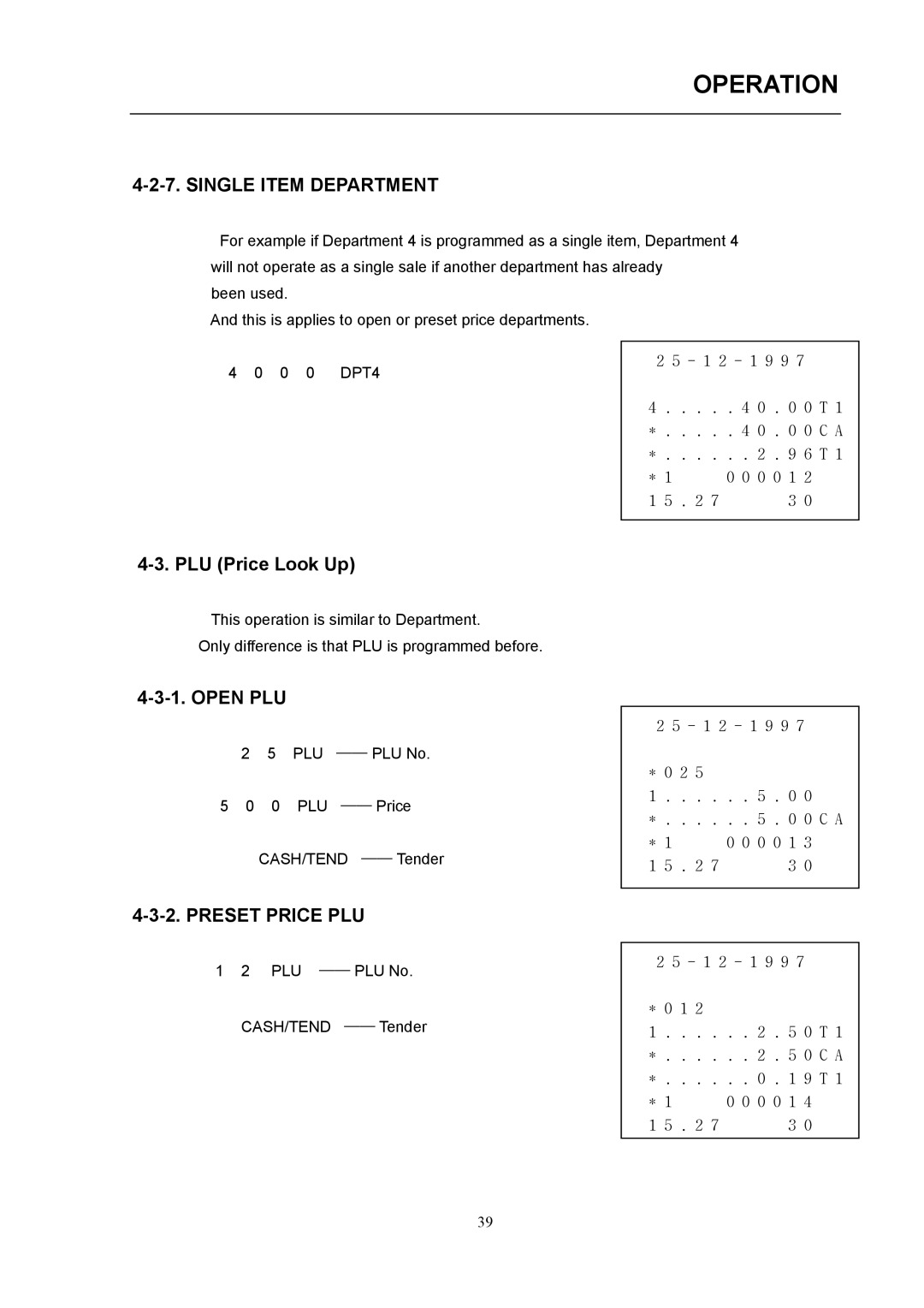 Samsung electronic cash register manual Single Item Department, Preset Price PLU 