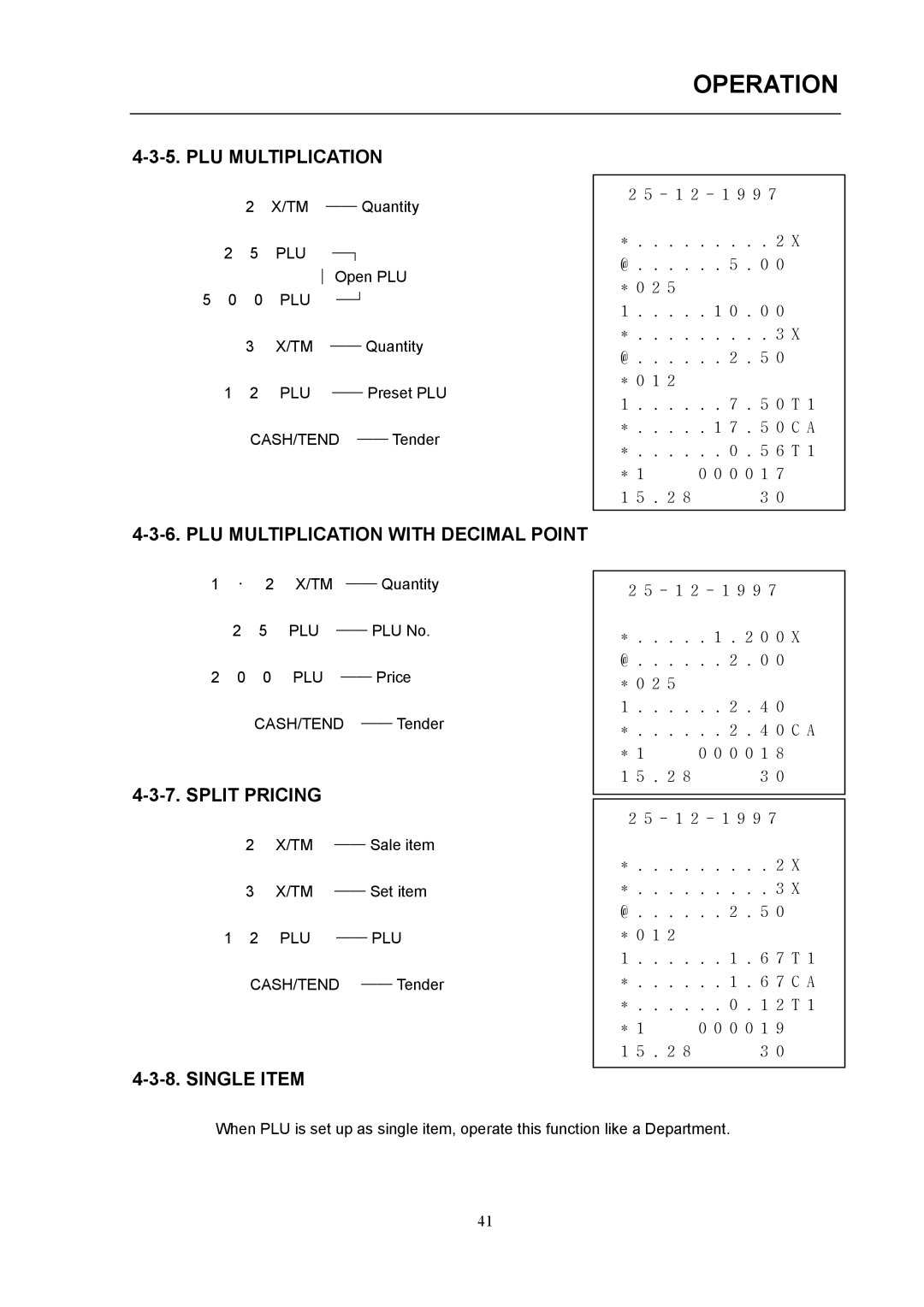 Samsung electronic cash register manual PLU Multiplication with Decimal Point, Single Item 