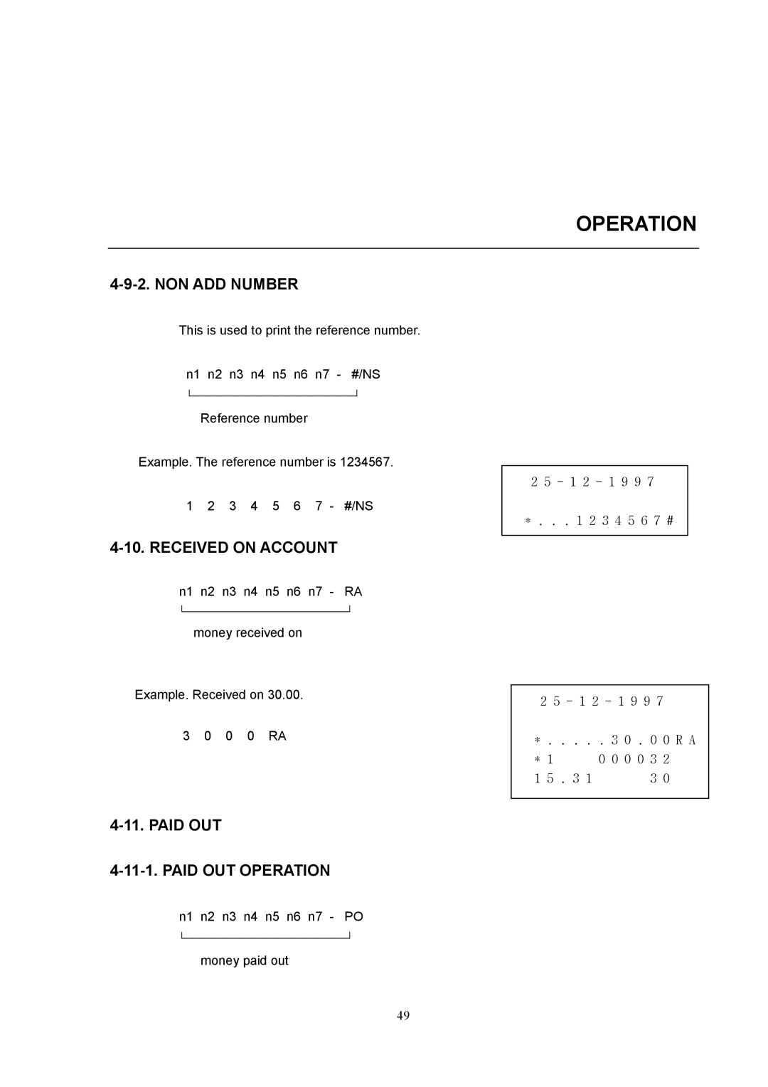 Samsung electronic cash register manual NON ADD Number, Received on Account, Paid OUT Operation 