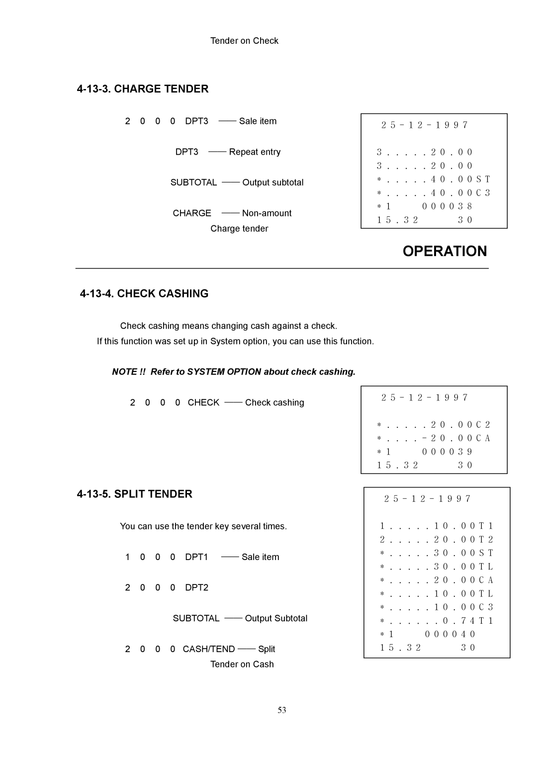 Samsung electronic cash register manual Charge Tender, Check Cashing, Split Tender 