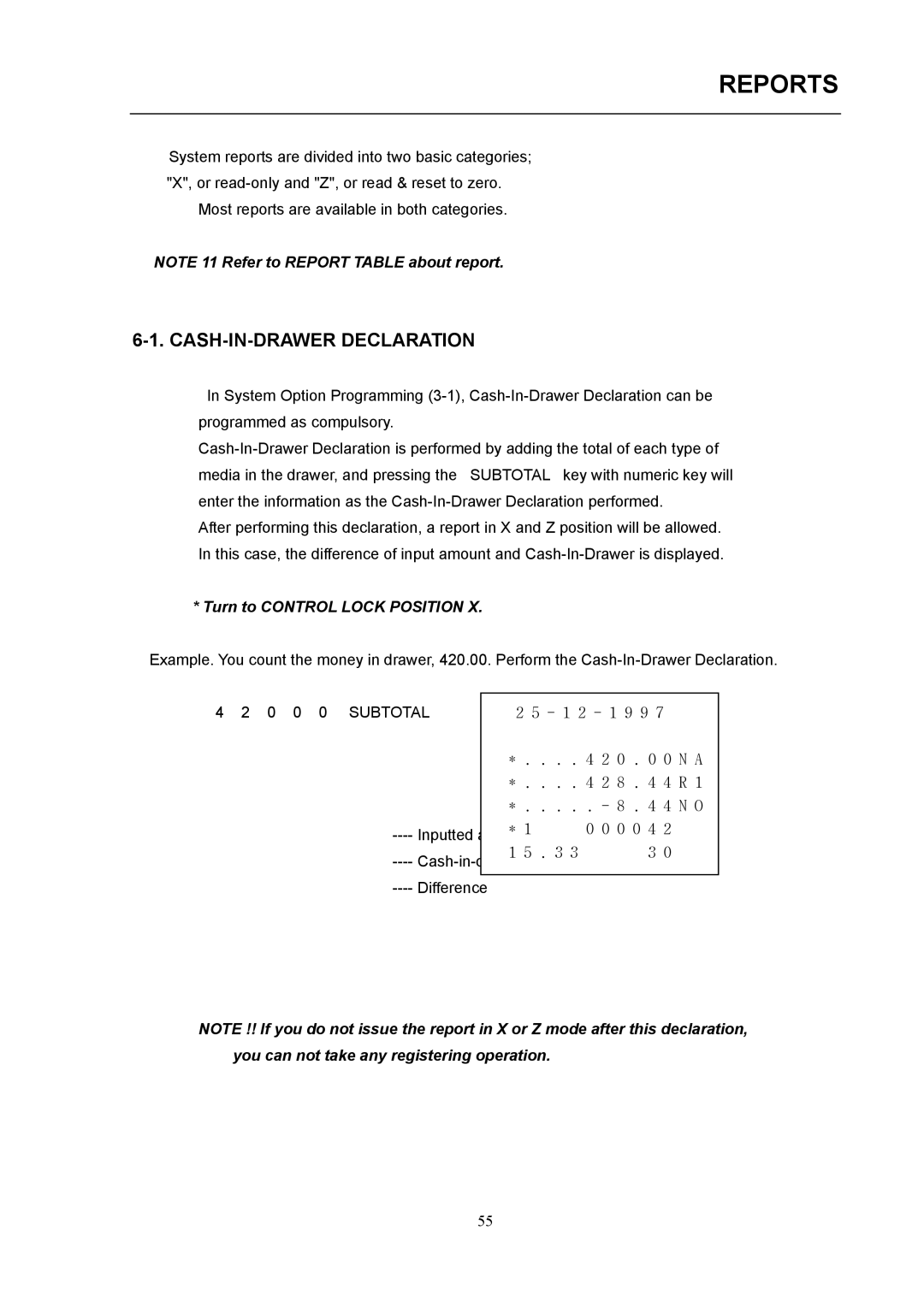 Samsung electronic cash register manual Reports, CASH-IN-DRAWER Declaration 