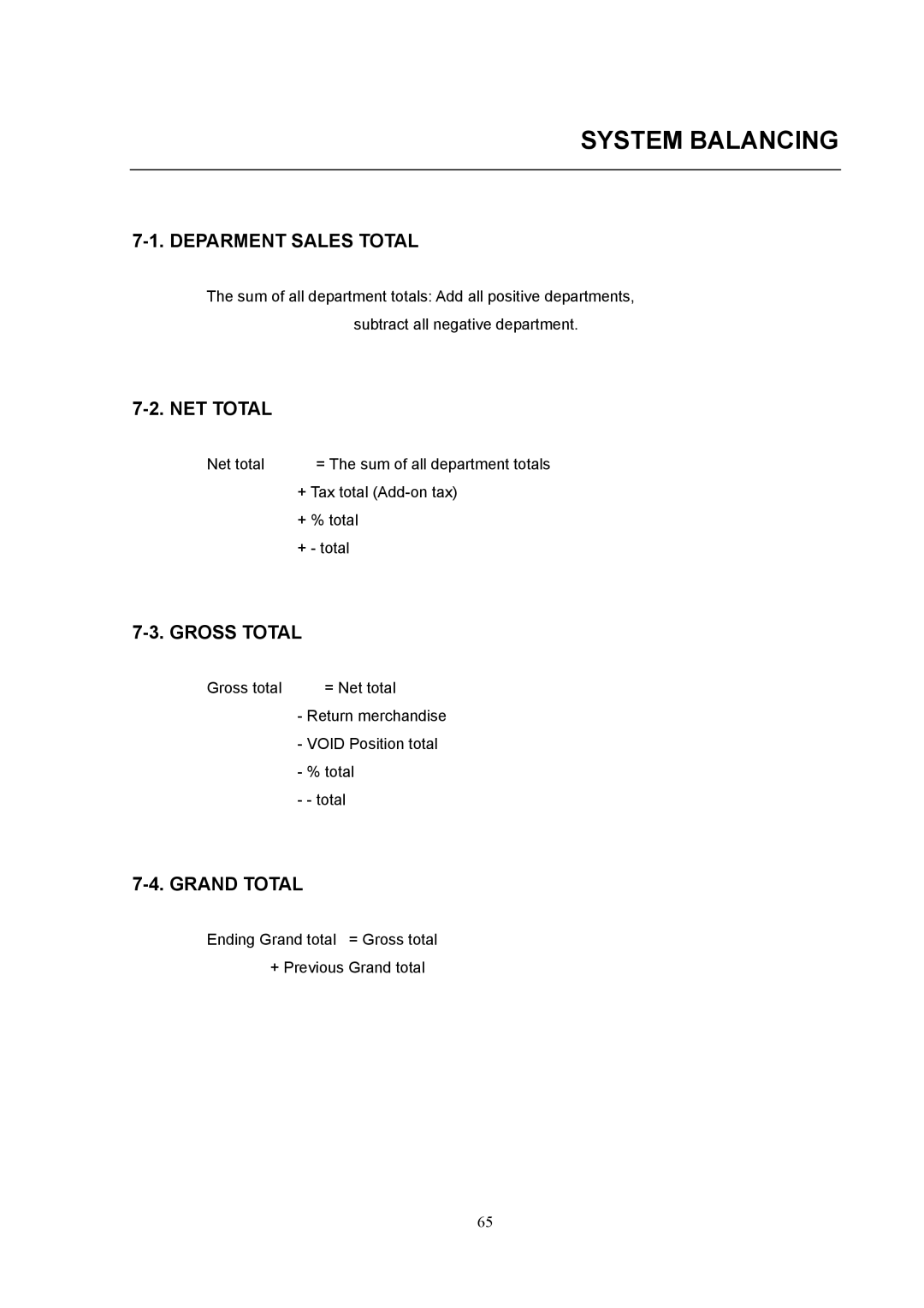 Samsung electronic cash register manual System Balancing, Deparment Sales Total, NET Total, Gross Total, Grand Total 