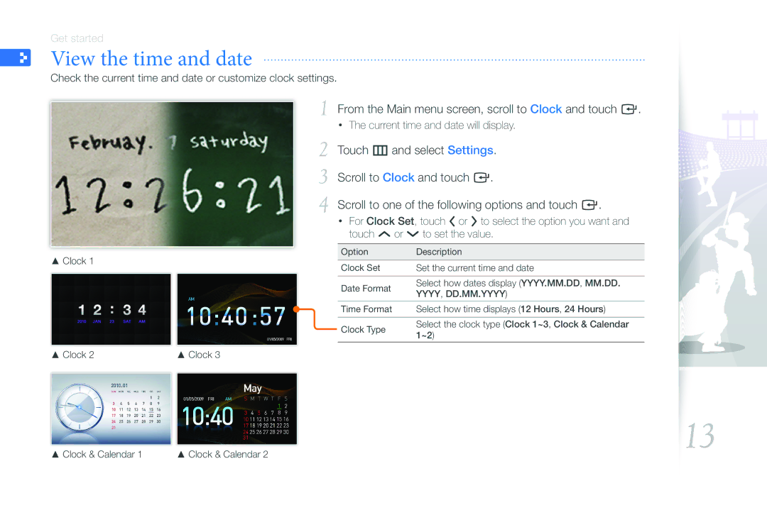 Samsung EMM-E6 user manual View the time and date, From the Main menu screen, scroll to Clock and touch e 