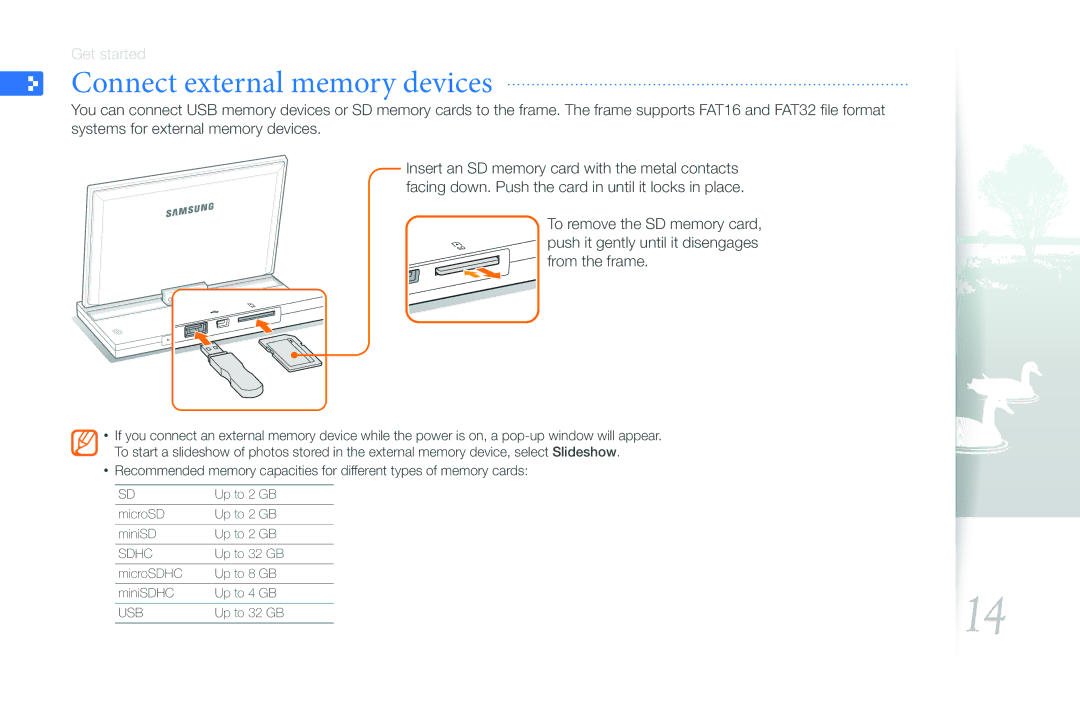 Samsung EMM-E6 user manual Connect external memory devices 