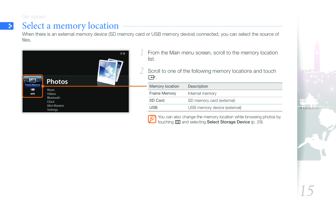 Samsung EMM-E6 user manual Select a memory location, Photos 