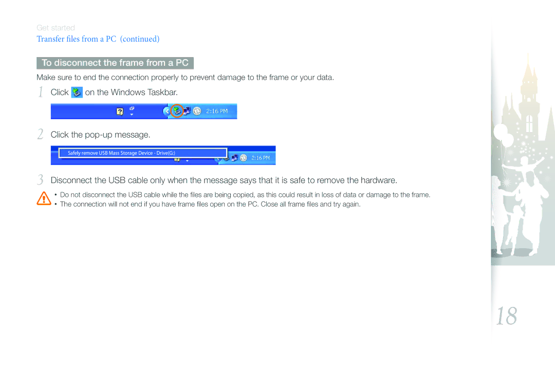 Samsung EMM-E6 user manual To disconnect the frame from a PC, Click on the Windows Taskbar Click the pop-up message 