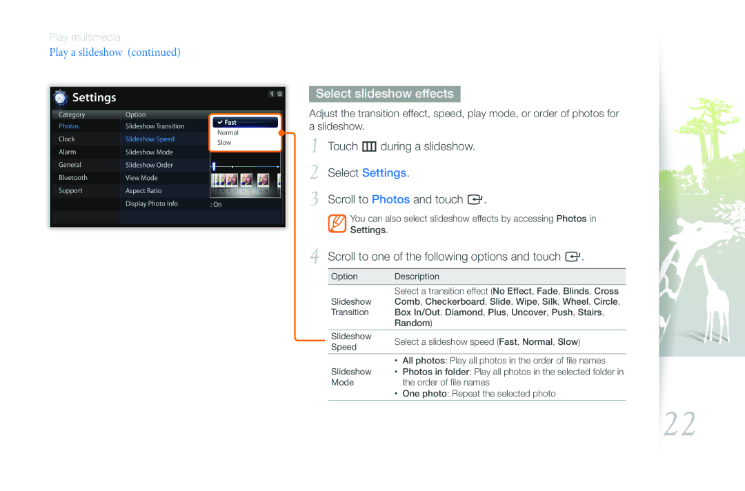 Samsung EMM-E6 user manual Settings, Select slideshow effects 