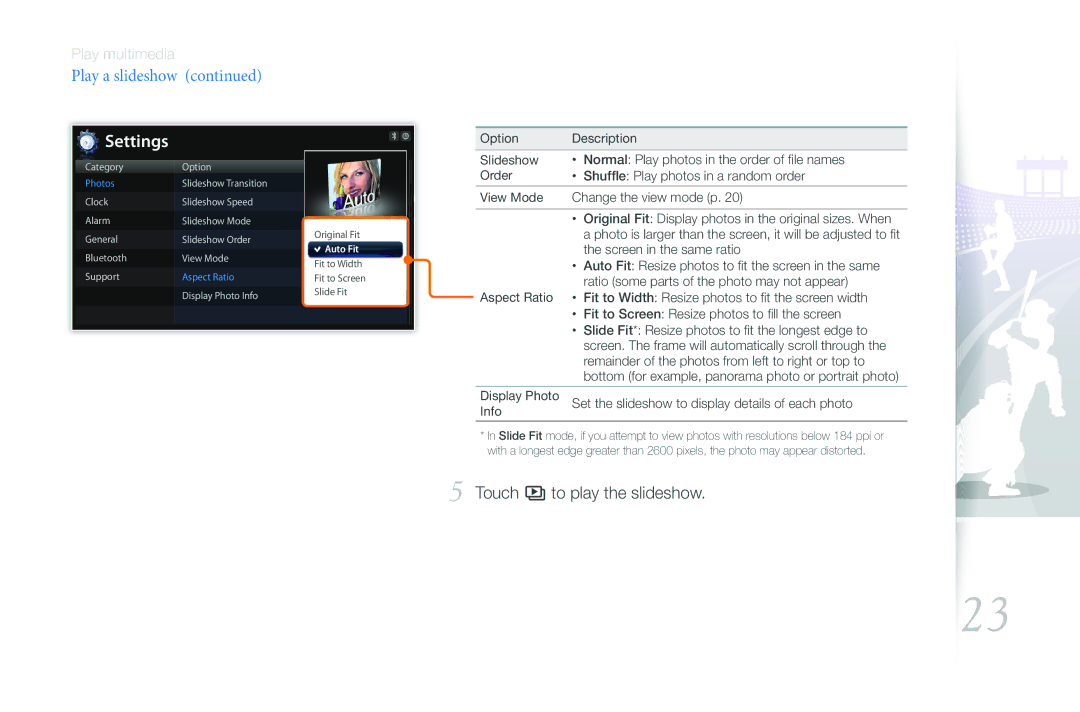 Samsung EMM-E6 user manual Touch sto play the slideshow 