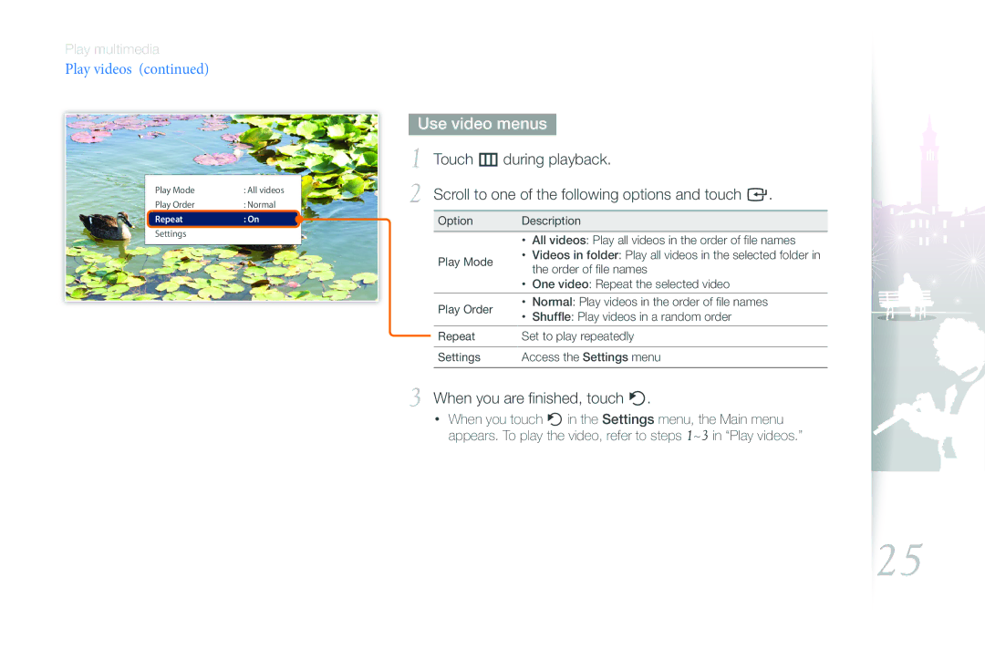 Samsung EMM-E6 user manual Use video menus, When you are finished, touch b 