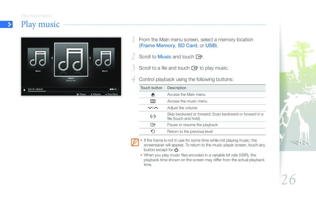 Samsung EMM-E6 user manual Play music, Scroll to Music and touch e, Scroll to a file and touch e to play music 