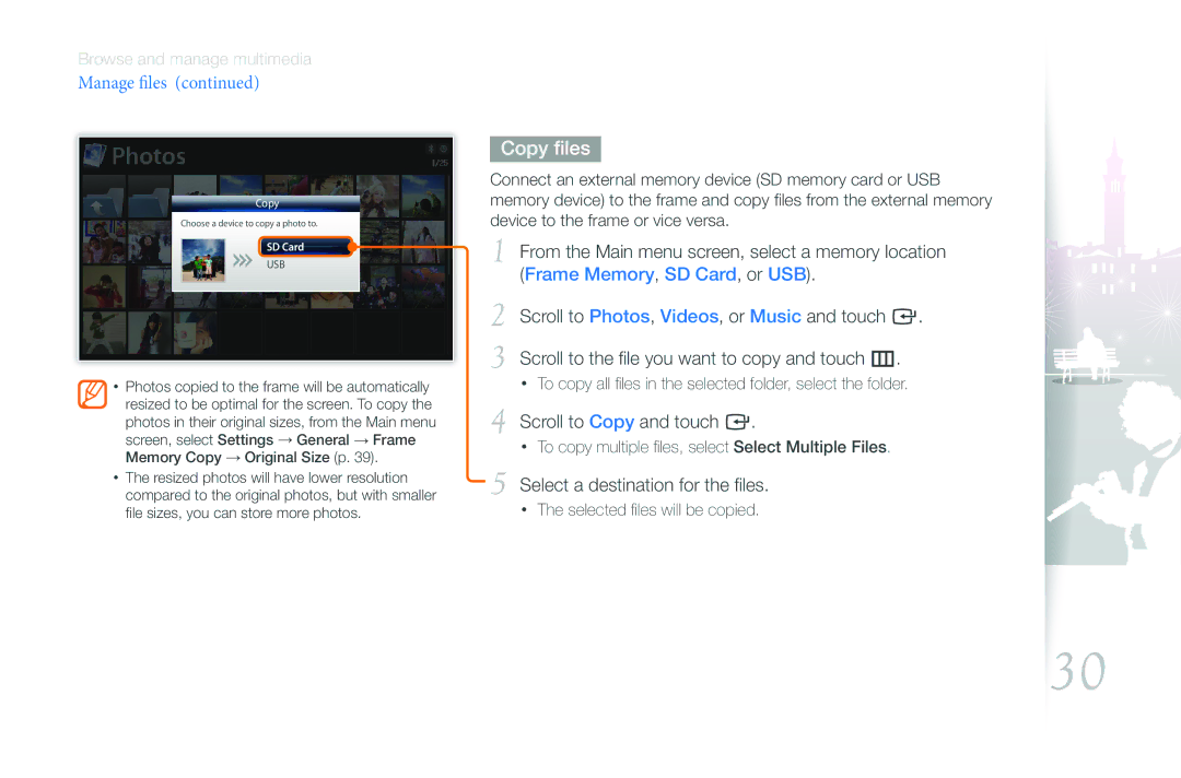 Samsung EMM-E6 user manual Copy files, Scroll to Copy and touch e, Select a destination for the files 