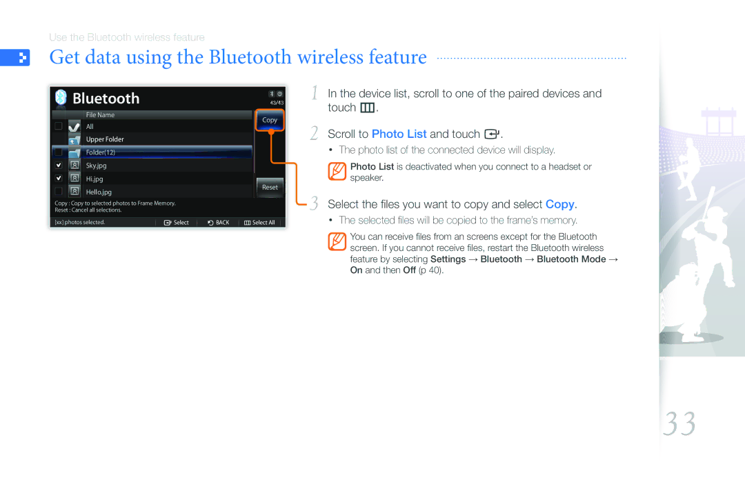 Samsung EMM-E6 user manual Get data using the Bluetooth wireless feature, Select the files you want to copy and select Copy 