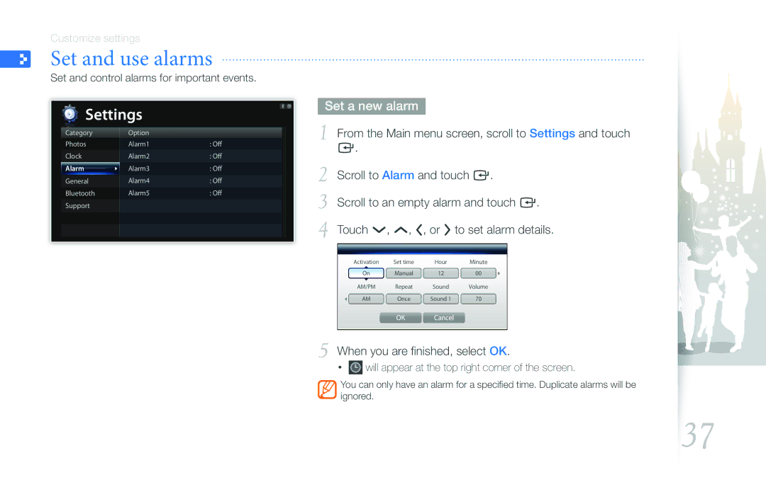 Samsung EMM-E6 user manual Set and use alarms, Set a new alarm, When you are finished, select OK 