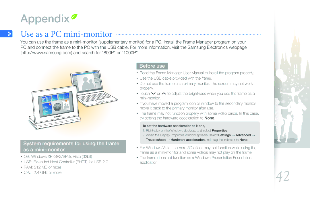 Samsung EMM-E6 user manual Use as a PC mini-monitor, System requirements for using the frame as a mini-monitor, Before use 