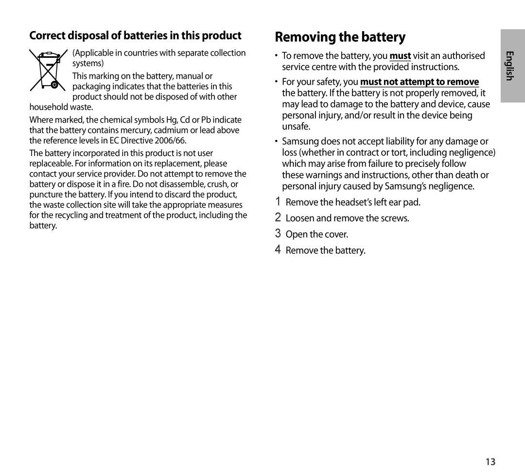 Samsung EO-AG900BBEDRU, EO-AG900BSEGWW, EO-AG900BWEGWW, EO-AG900BWEGAE, EO-AG900BBEGRU Removing the battery, Household waste 