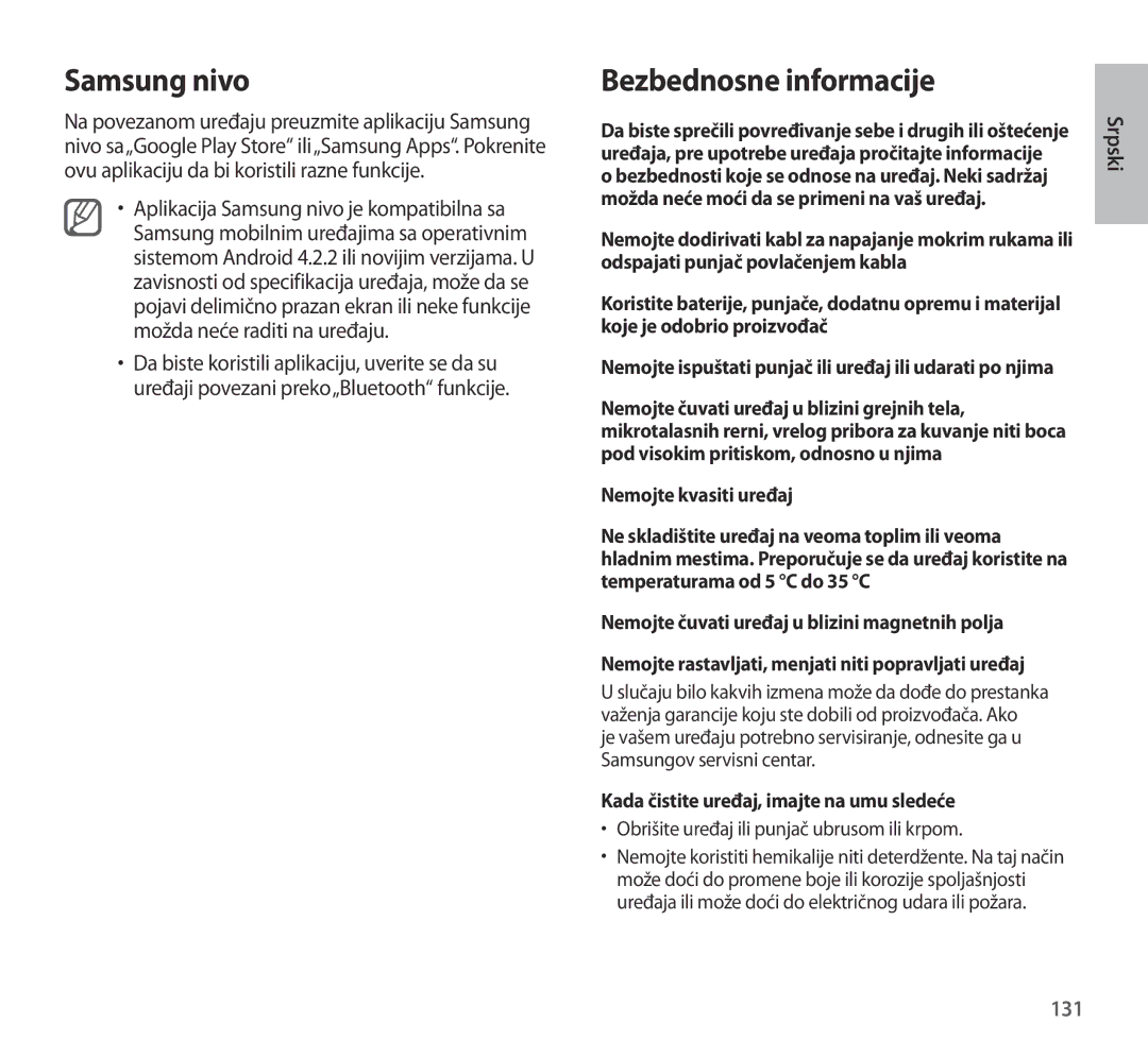 Samsung EO-AG900BBEGAE manual Samsung nivo, Bezbednosne informacije, 131, Kada čistite uređaj, imajte na umu sledeće 