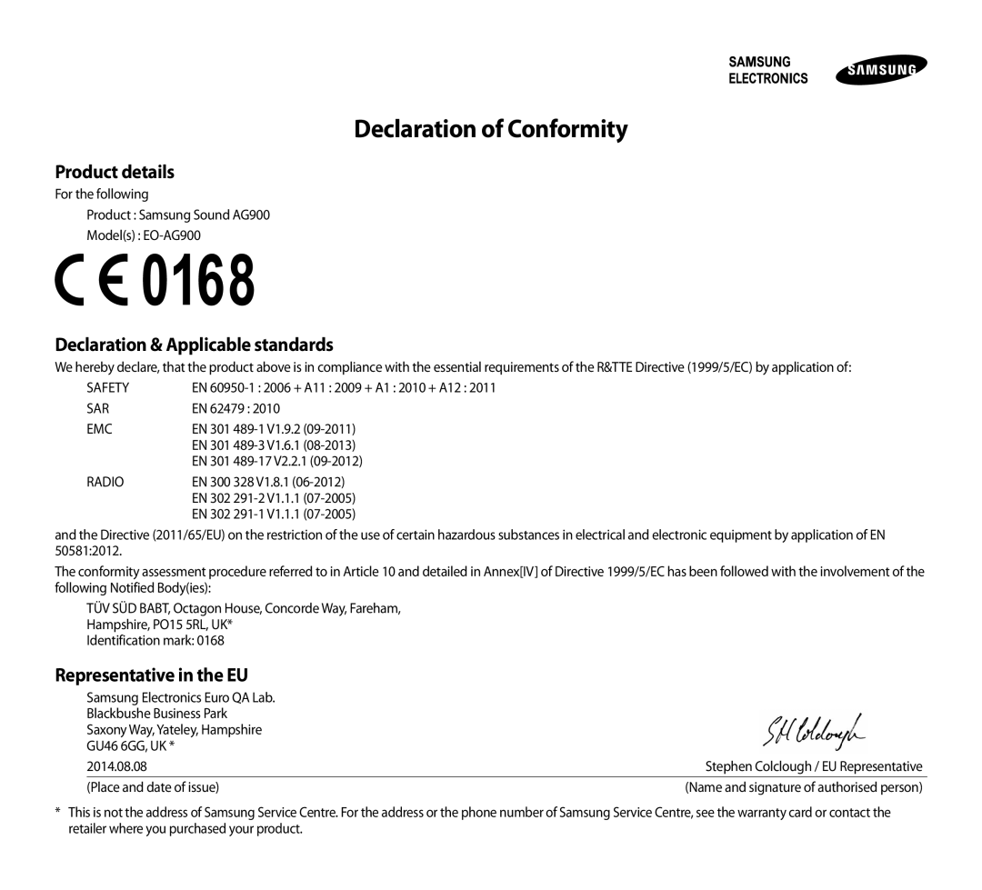 Samsung EO-AG900BSEGWW, EO-AG900BWEGWW, EO-AG900BWEGAE manual Declaration of Conformity, Declaration & Applicable standards 