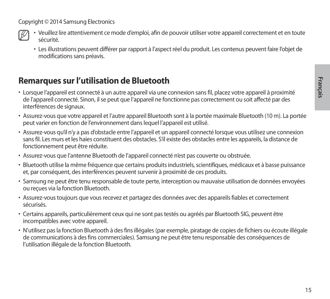 Samsung EO-AG900BWEGWW, EO-AG900BSEGWW, EO-AG900BWEGAE, EO-AG900BBEGRU Remarques sur l’utilisation de Bluetooth, Français 