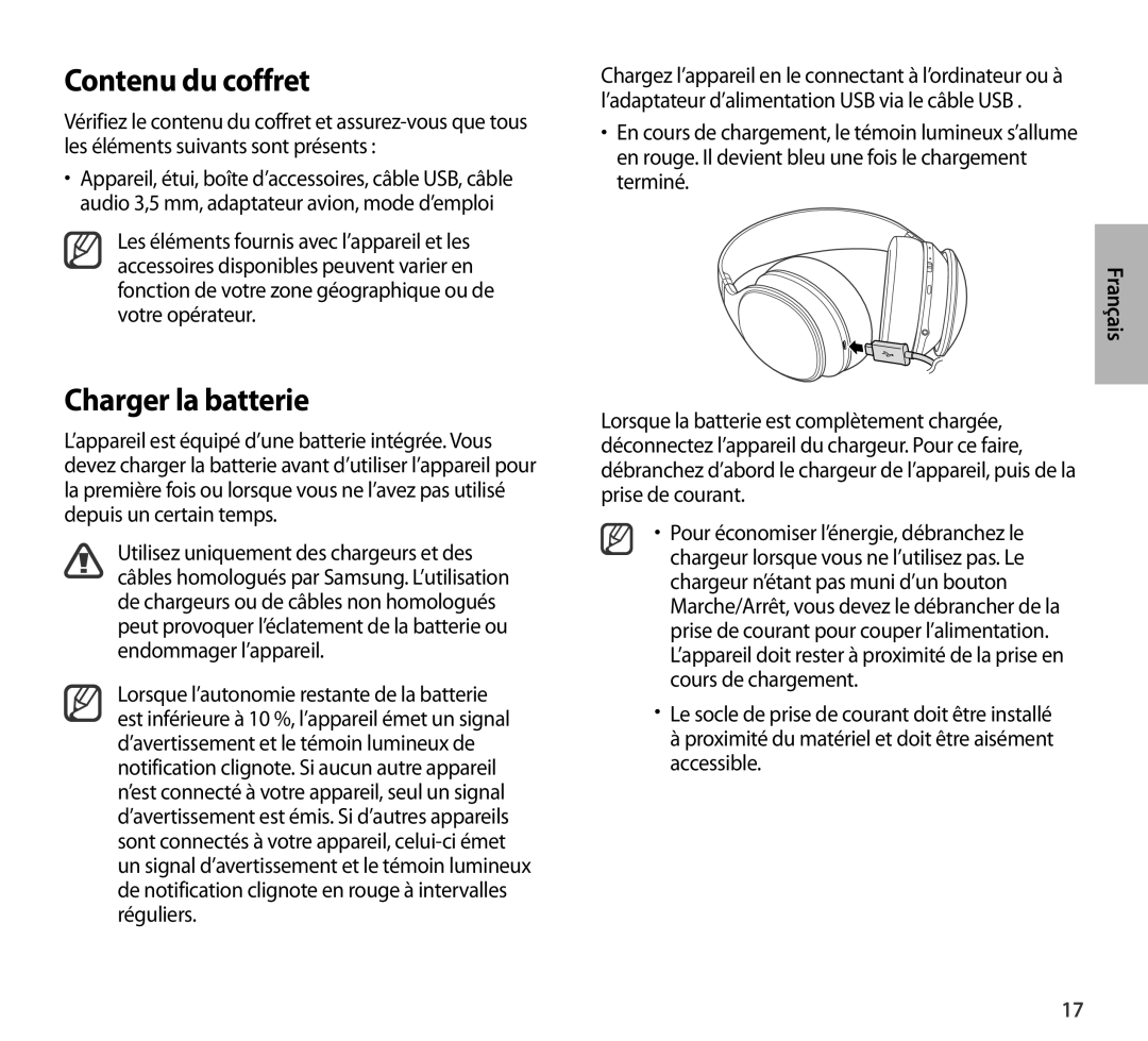 Samsung EO-AG900BWEGAE, EO-AG900BSEGWW, EO-AG900BWEGWW, EO-AG900BBEGRU manual Contenu du coffret, Charger la batterie 