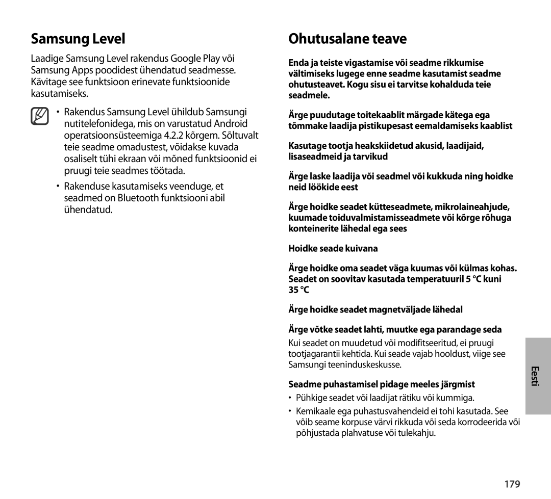 Samsung EO-AG900BSEGRU, EO-AG900BSEGWW, EO-AG900BWEGWW Ohutusalane teave, 179, Seadme puhastamisel pidage meeles järgmist 