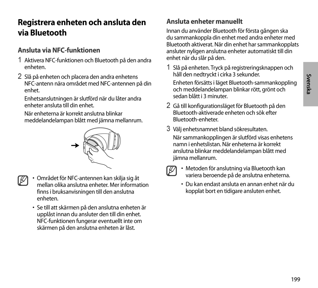 Samsung EO-AG900BWEGAE, EO-AG900BSEGWW Registrera enheten och ansluta den via Bluetooth, Ansluta via NFC-funktionen, 199 