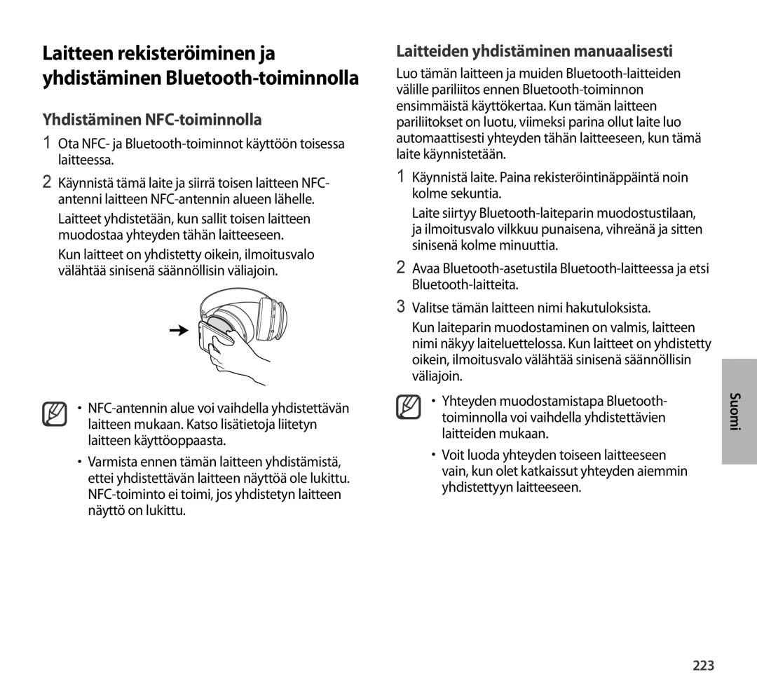 Samsung EO-AG900BBEDRU, EO-AG900BSEGWW manual Yhdistäminen NFC-toiminnolla, Laitteiden yhdistäminen manuaalisesti, 223 