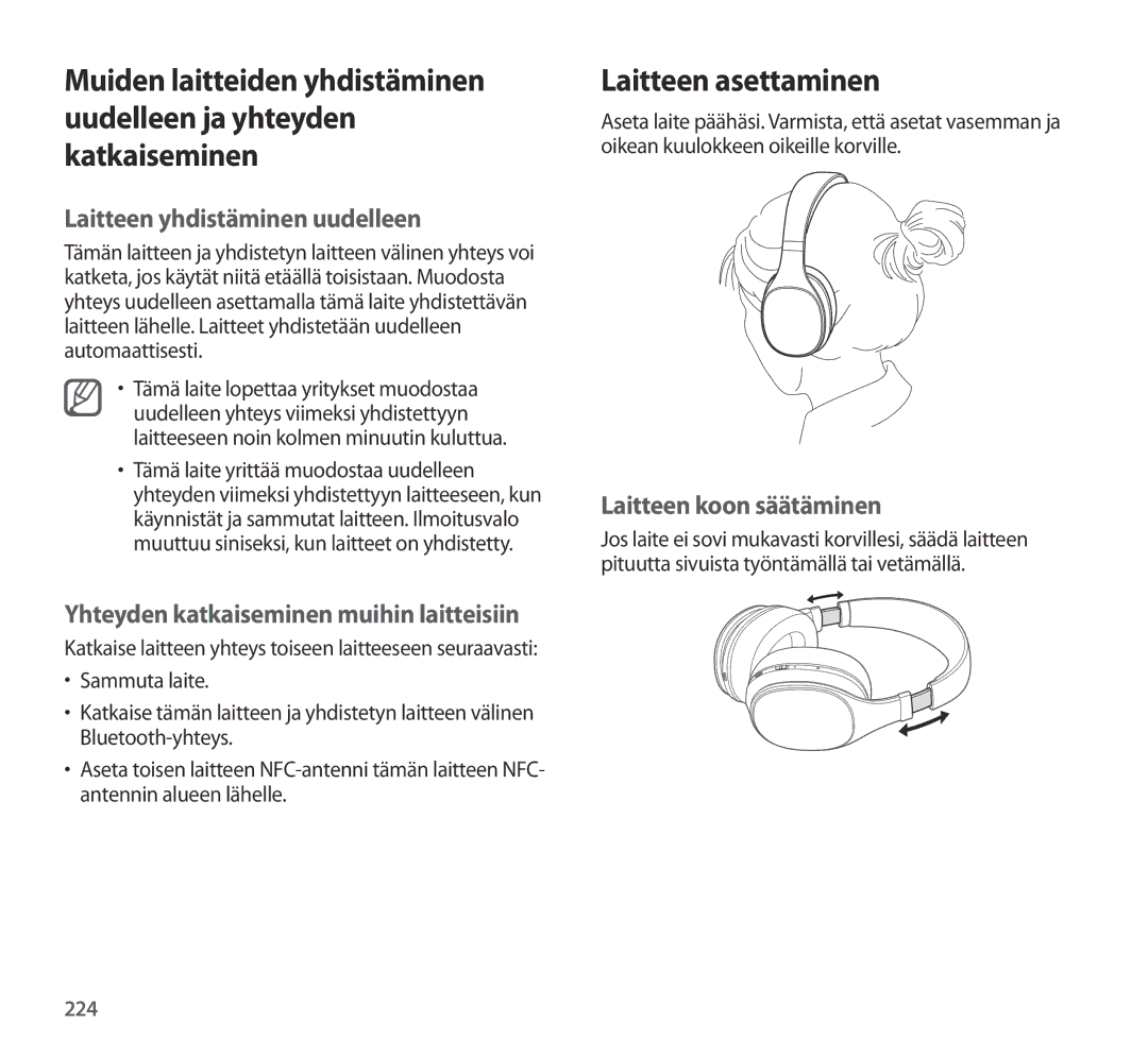 Samsung EO-AG900BSEGWW manual Laitteen asettaminen, Laitteen yhdistäminen uudelleen, Laitteen koon säätäminen, 224 