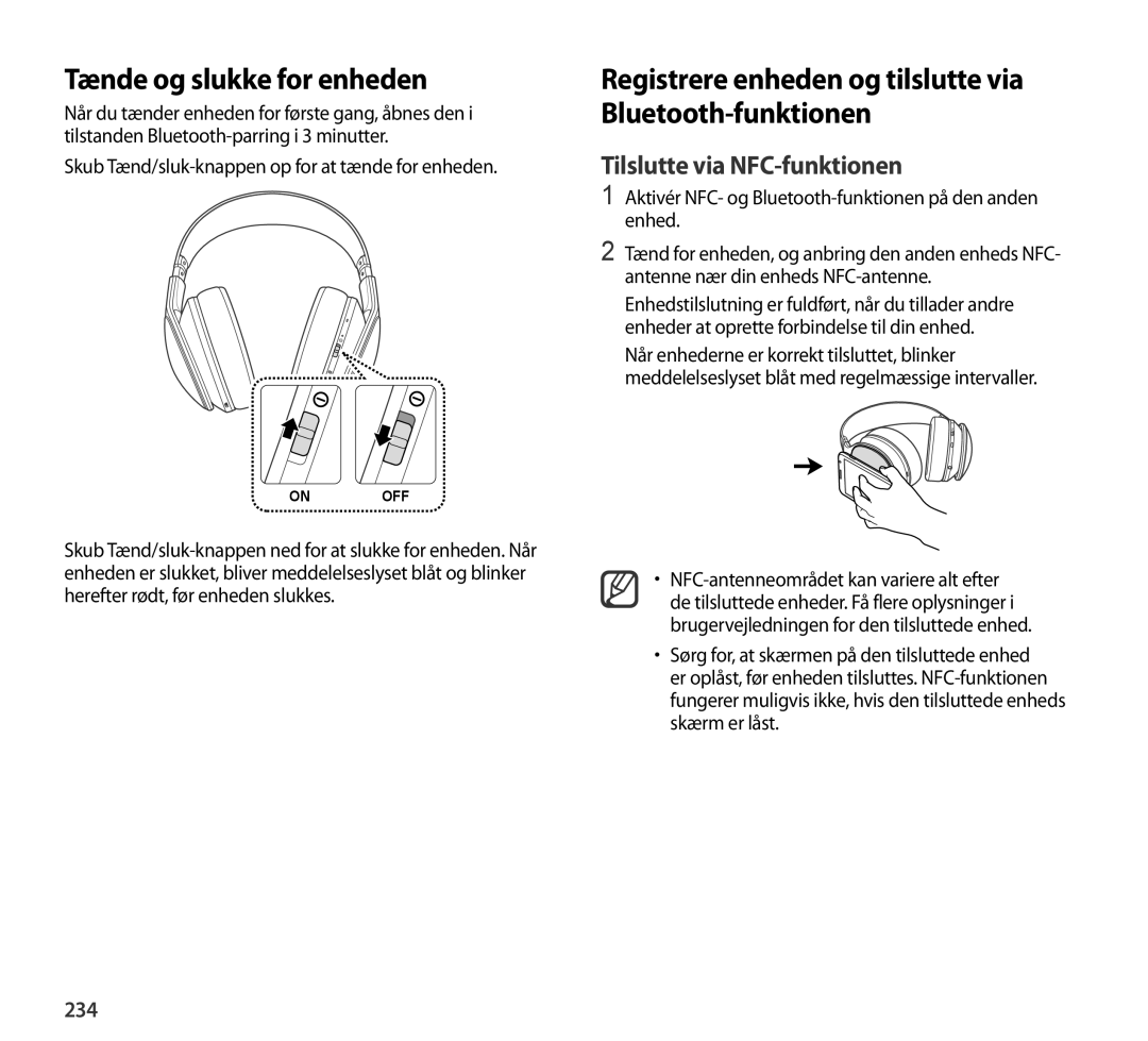 Samsung EO-AG900BBEDWW, EO-AG900BSEGWW, EO-AG900BWEGWW manual Tænde og slukke for enheden, Tilslutte via NFC-funktionen, 234 