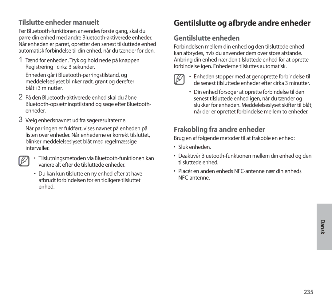 Samsung EO-AG900BSEGRU manual Gentilslutte og afbryde andre enheder, Tilslutte enheder manuelt, Gentilslutte enheden, 235 