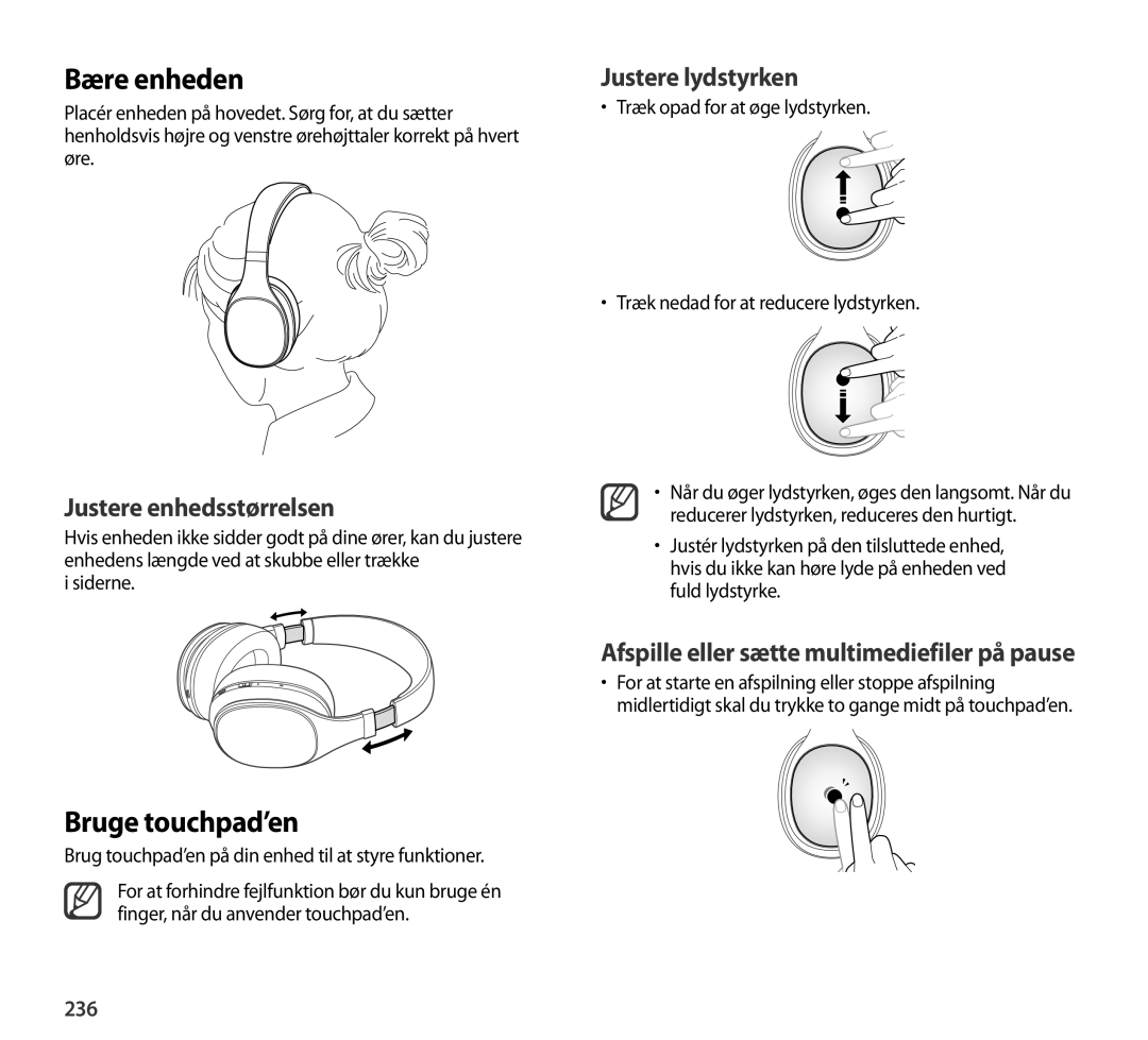 Samsung EO-AG900BWEDRU, EO-AG900BSEGWW Bære enheden, Bruge touchpad’en, Justere enhedsstørrelsen, Justere lydstyrken, 236 