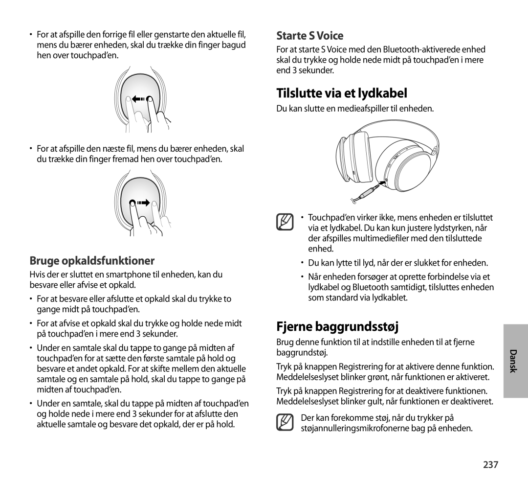 Samsung EO-AG900BBEDRU, EO-AG900BSEGWW manual Tilslutte via et lydkabel, Fjerne baggrundsstøj, Bruge opkaldsfunktioner, 237 