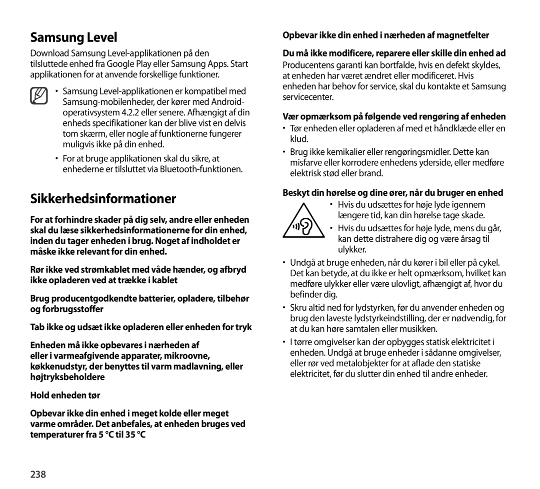 Samsung EO-AG900BSEGWW, EO-AG900BWEGWW, EO-AG900BWEGAE, EO-AG900BBEGRU manual Samsung Level, Sikkerhedsinformationer, 238 