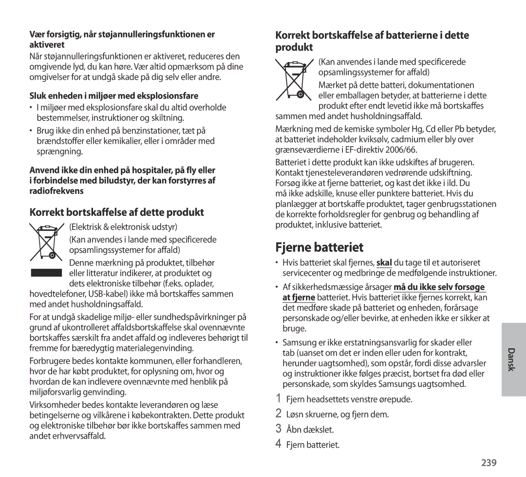 Samsung EO-AG900BWEGWW, EO-AG900BSEGWW, EO-AG900BWEGAE manual Fjerne batteriet, Korrekt bortskaffelse af dette produkt, 239 