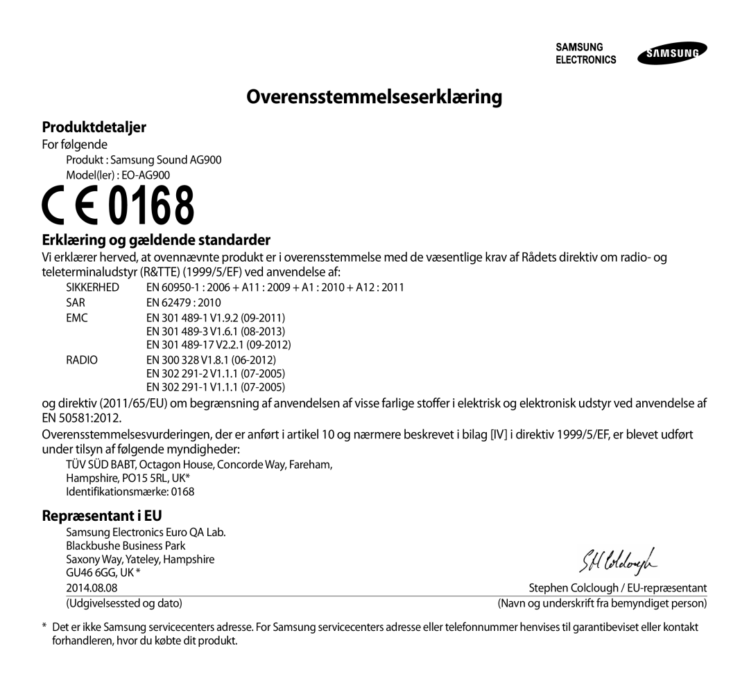 Samsung EO-AG900BSEGWW, EO-AG900BWEGWW Overensstemmelseserklæring, Erklæring og gældende standarder, Repræsentant i EU 