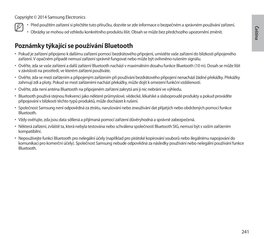 Samsung EO-AG900BWEGAE, EO-AG900BSEGWW Poznámky týkající se používání Bluetooth, 241, Copyright 2014 Samsung Electronics 