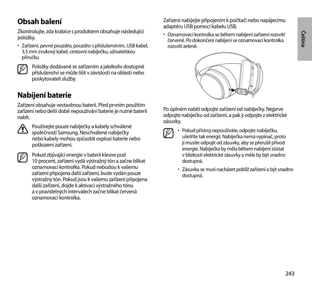 Samsung EO-AG900BBEGAE, EO-AG900BSEGWW Obsah balení, Nabíjení baterie, 243, Pokud zbývající energie v baterii klesne pod 