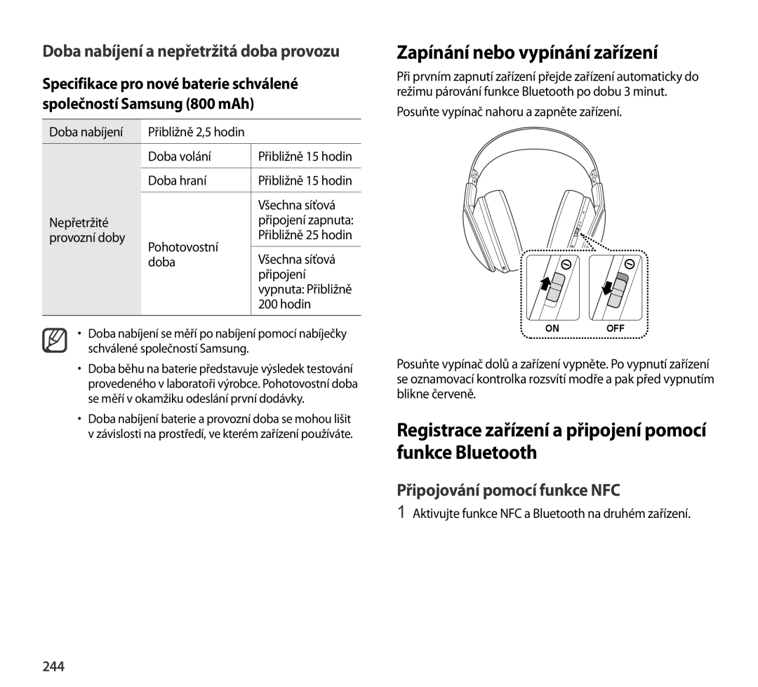 Samsung EO-AG900BBEDAE manual Zapínání nebo vypínání zařízení, Registrace zařízení a připojení pomocí funkce Bluetooth, 244 