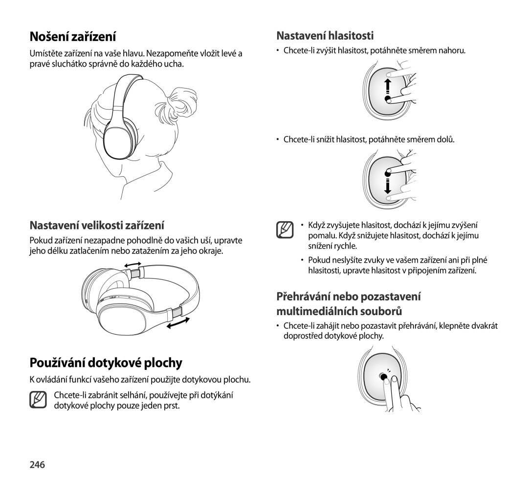 Samsung EO-AG900BWEGRU Nošení zařízení, Používání dotykové plochy, Nastavení hlasitosti, Nastavení velikosti zařízení, 246 