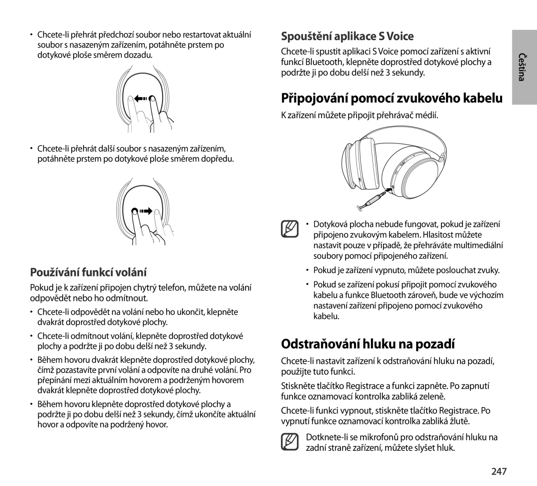 Samsung EO-AG900BWEDWW manual Odstraňování hluku na pozadí, Používání funkcí volání, Spouštění aplikace S Voice, 247 