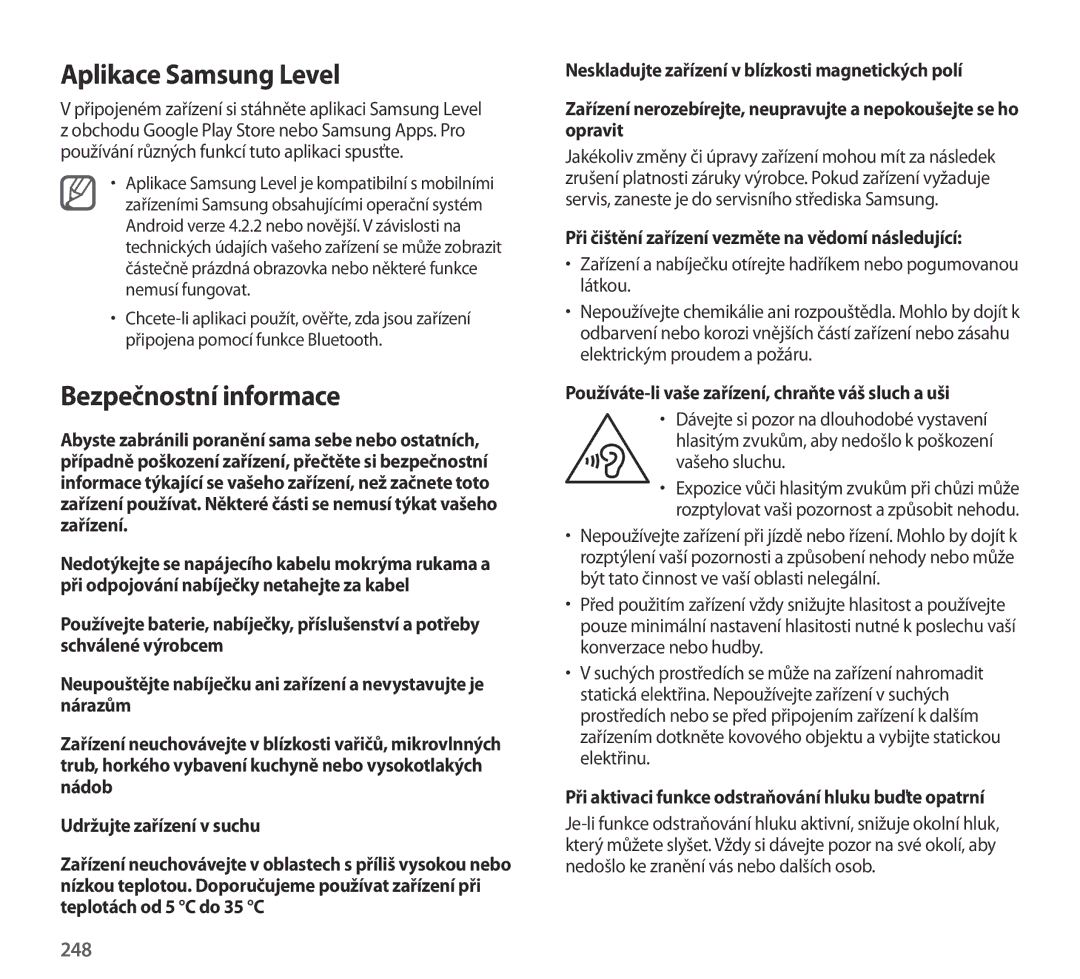 Samsung EO-AG900BBEDWW, EO-AG900BSEGWW, EO-AG900BWEGWW, EO-AG900BWEGAE Aplikace Samsung Level, Bezpečnostní informace, 248 