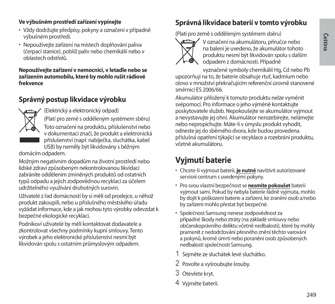 Samsung EO-AG900BSEGRU Vyjmutí baterie, Správný postup likvidace výrobku, Správná likvidace baterií v tomto výrobku, 249 