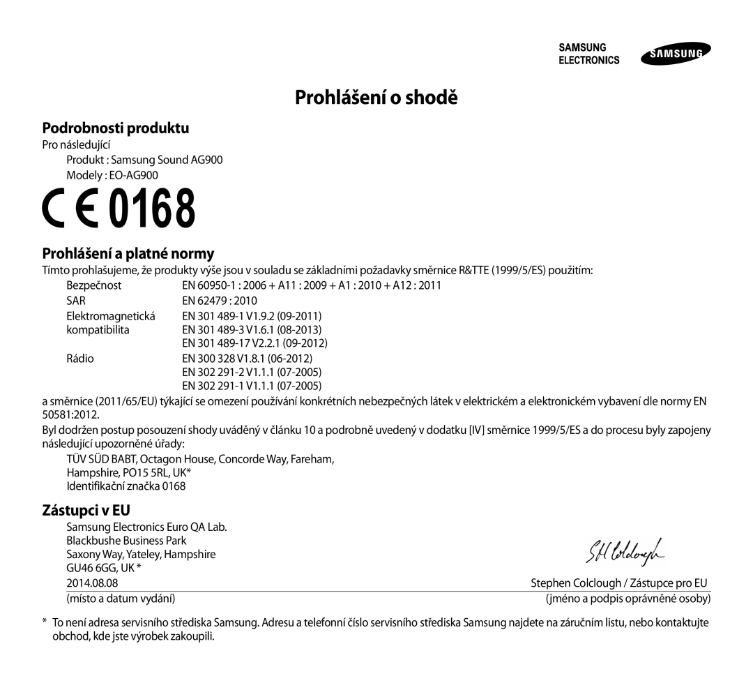 Samsung EO-AG900BWEDRU, EO-AG900BSEGWW Prohlášení o shodě, Podrobnosti produktu, Prohlášení a platné normy, Zástupci v EU 