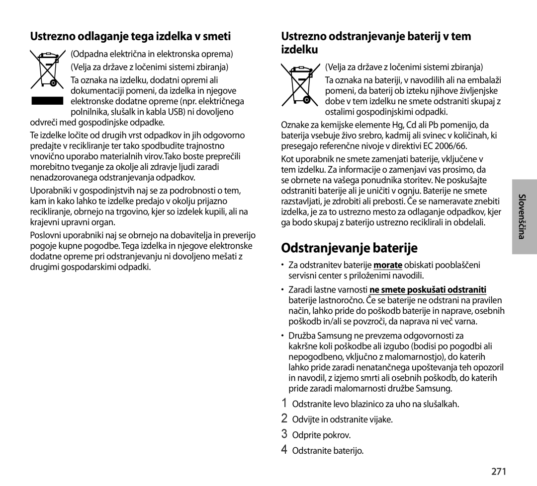 Samsung EO-AG900BBEGAE, EO-AG900BSEGWW manual Odstranjevanje baterije, Ustrezno odlaganje tega izdelka v smeti, 271 