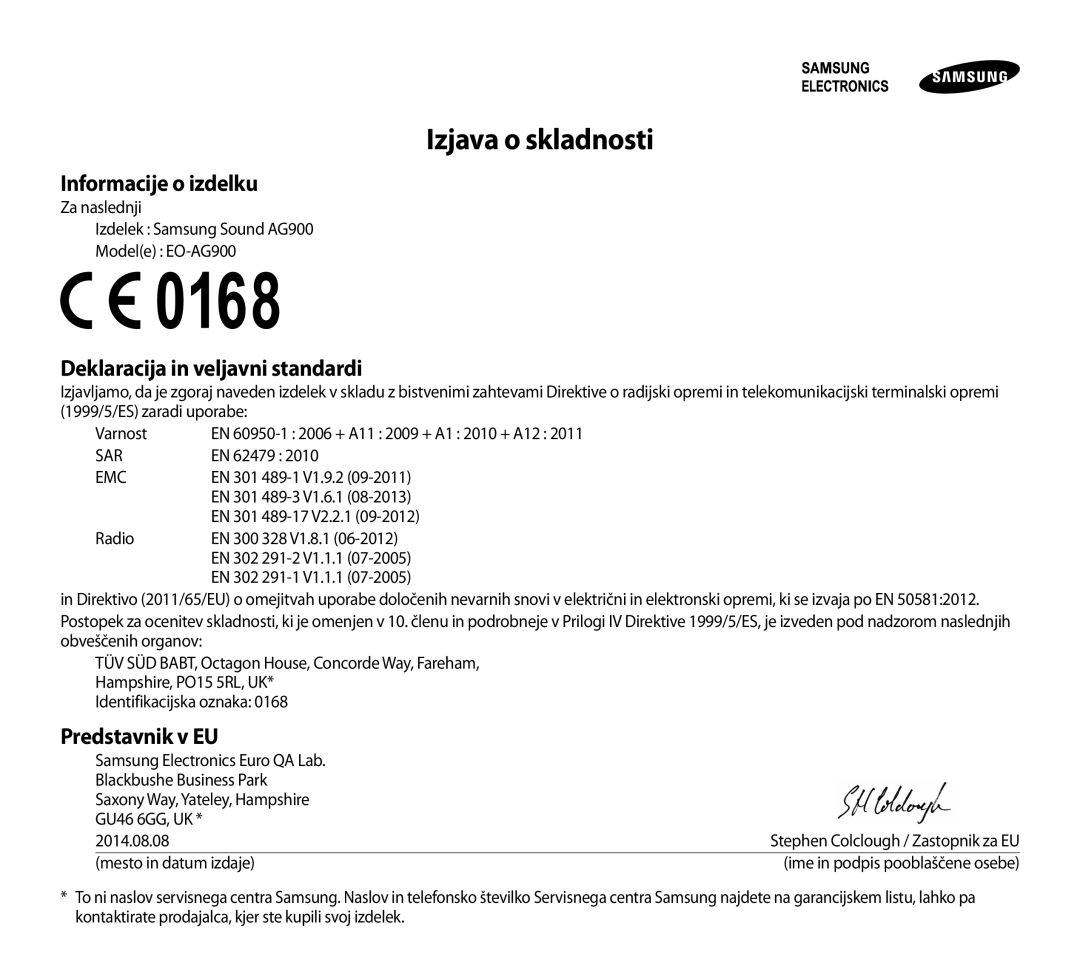 Samsung EO-AG900BBEDAE Izjava o skladnosti, Informacije o izdelku, Deklaracija in veljavni standardi, Predstavnik v EU 